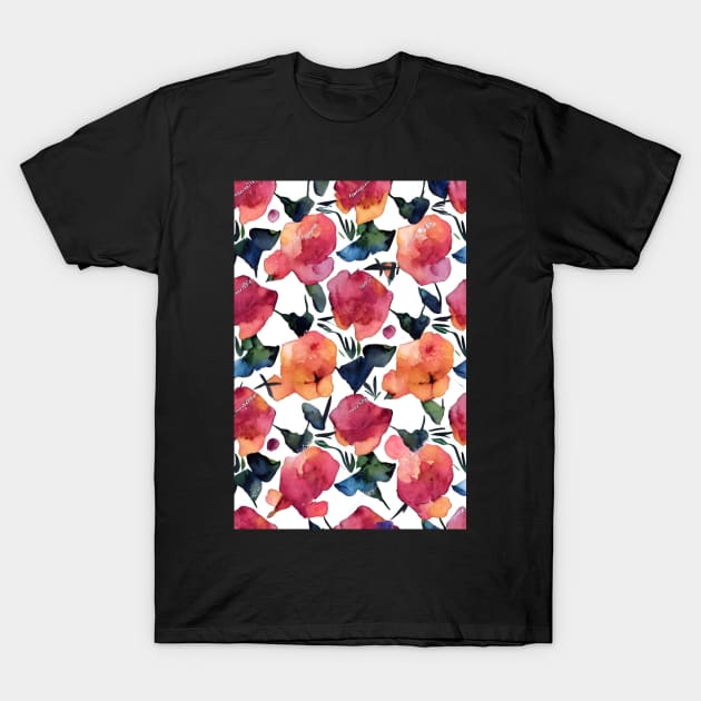 Watercolor Aesthetic Floral Pattern with Orange and Pink Blossoms T-Shirt by BubbleMench